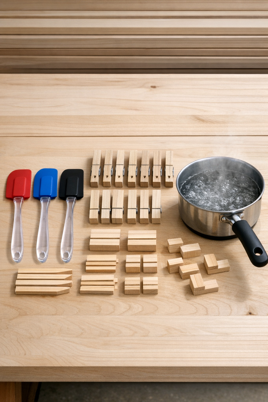 Materials for making deck board spacers laid out on a work surface