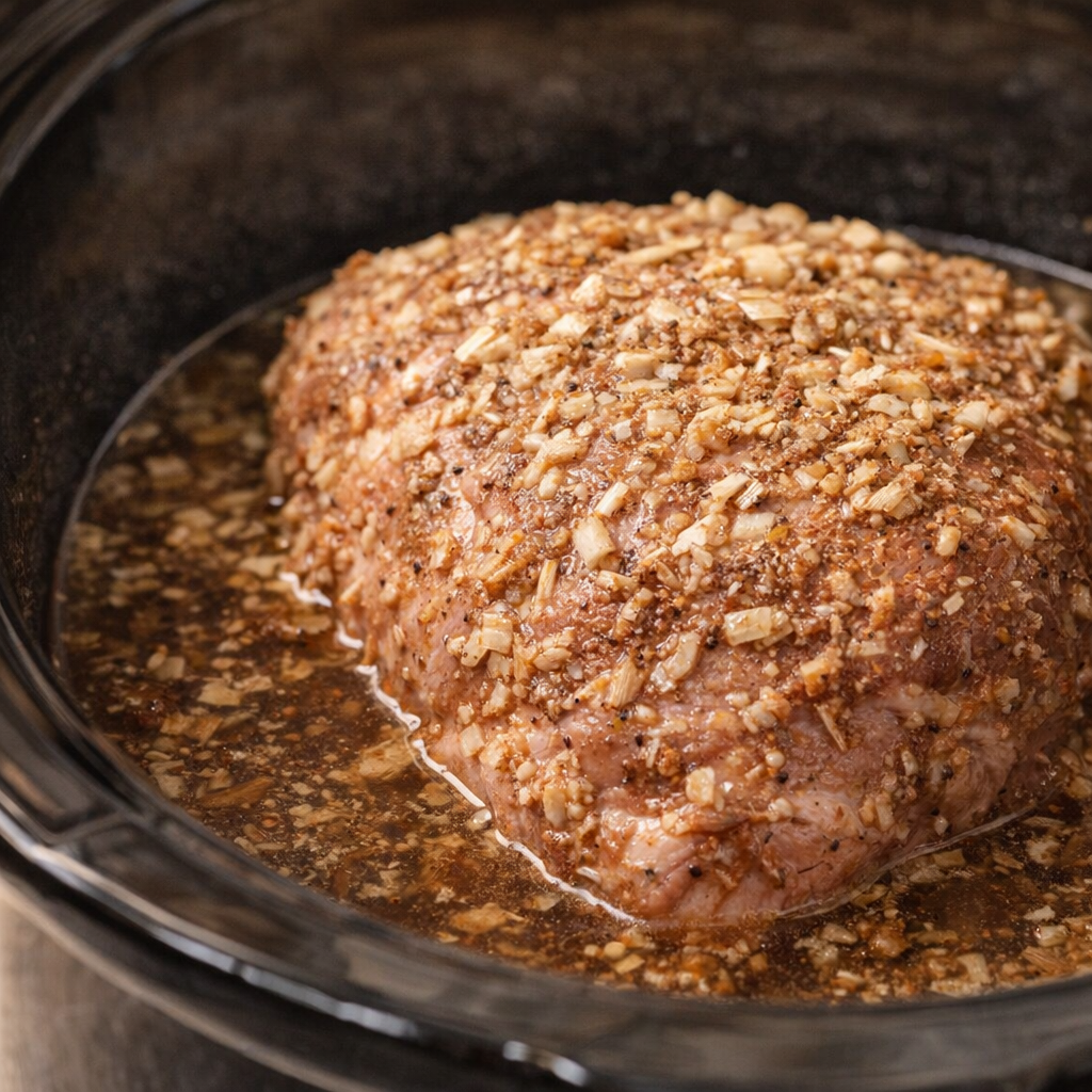 Seasoned pork roast in the slow cooker with broth added around it