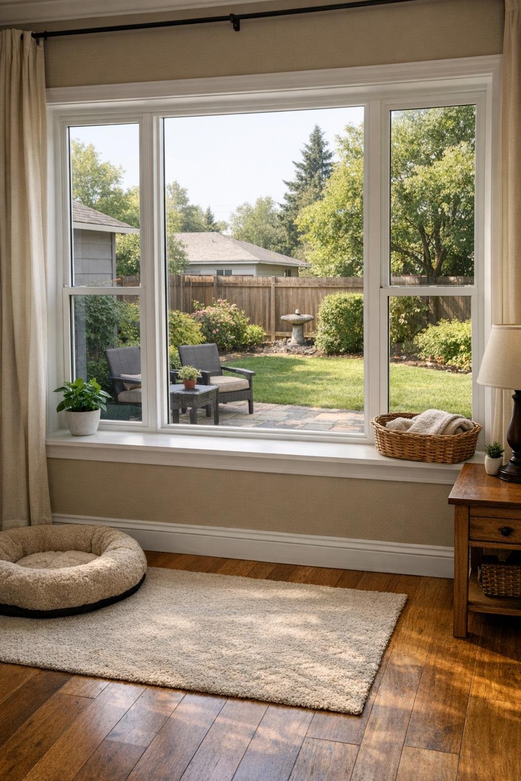 Living room window overlooking a quiet yard