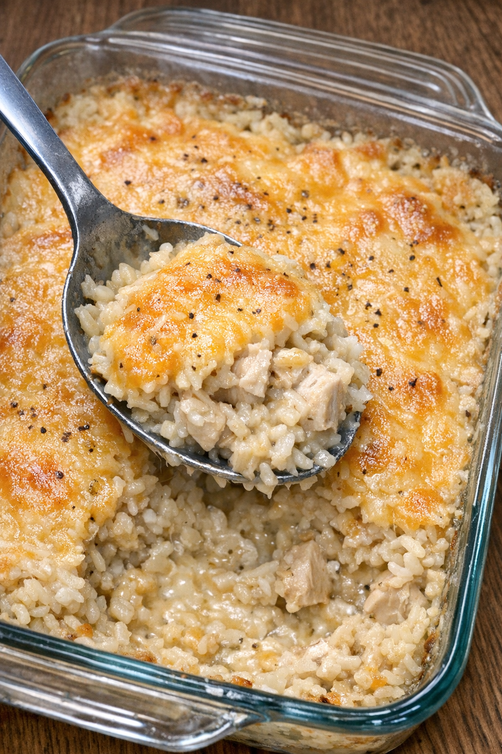 Golden baked chicken casserole with cheese and rice