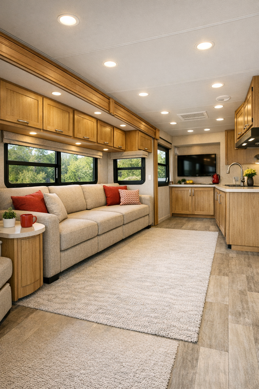 Accessible RV camper living room with built-in sofa and warm wood cabinetry