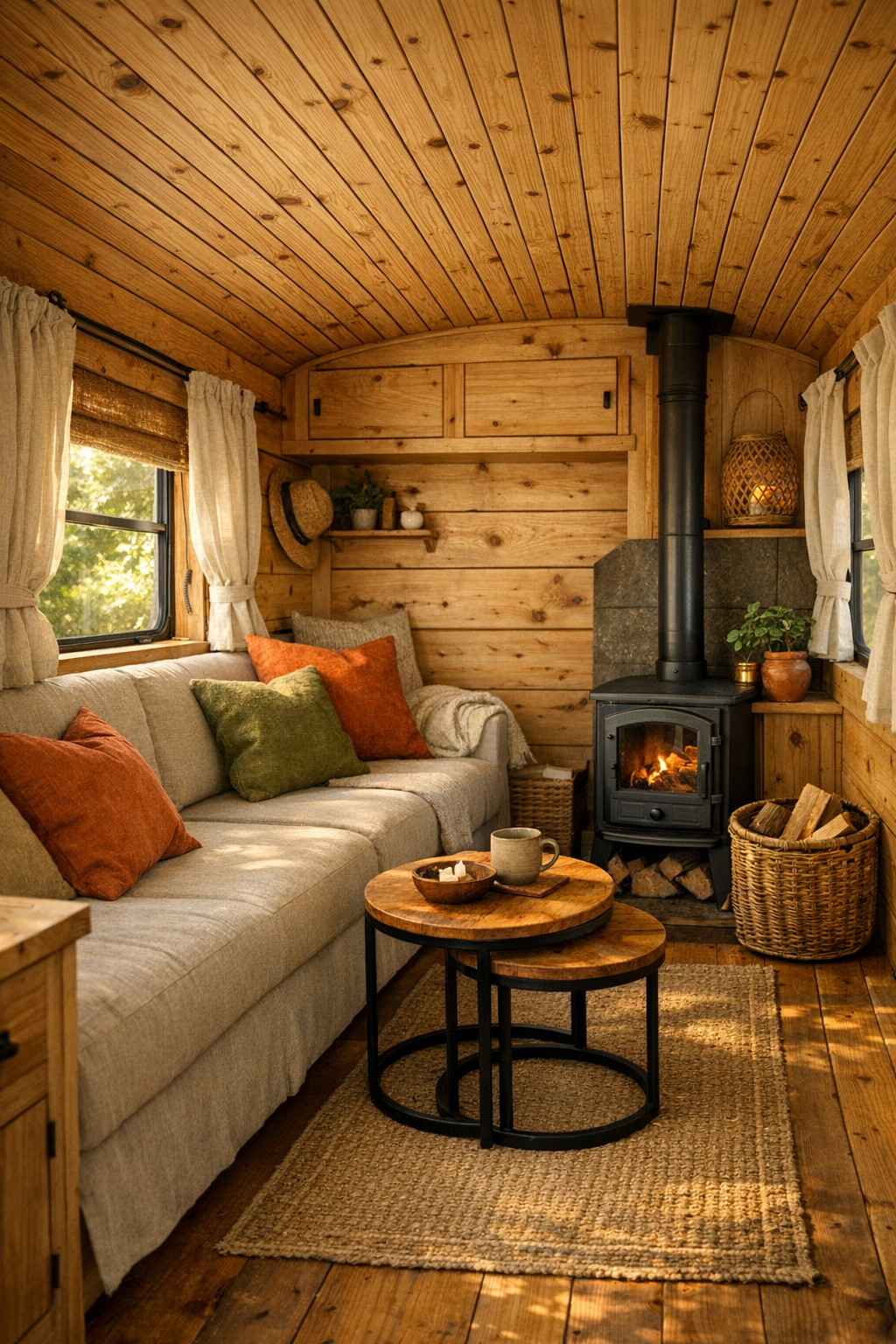 Rustic converted bus living room with linen bench sofa and wood stove
