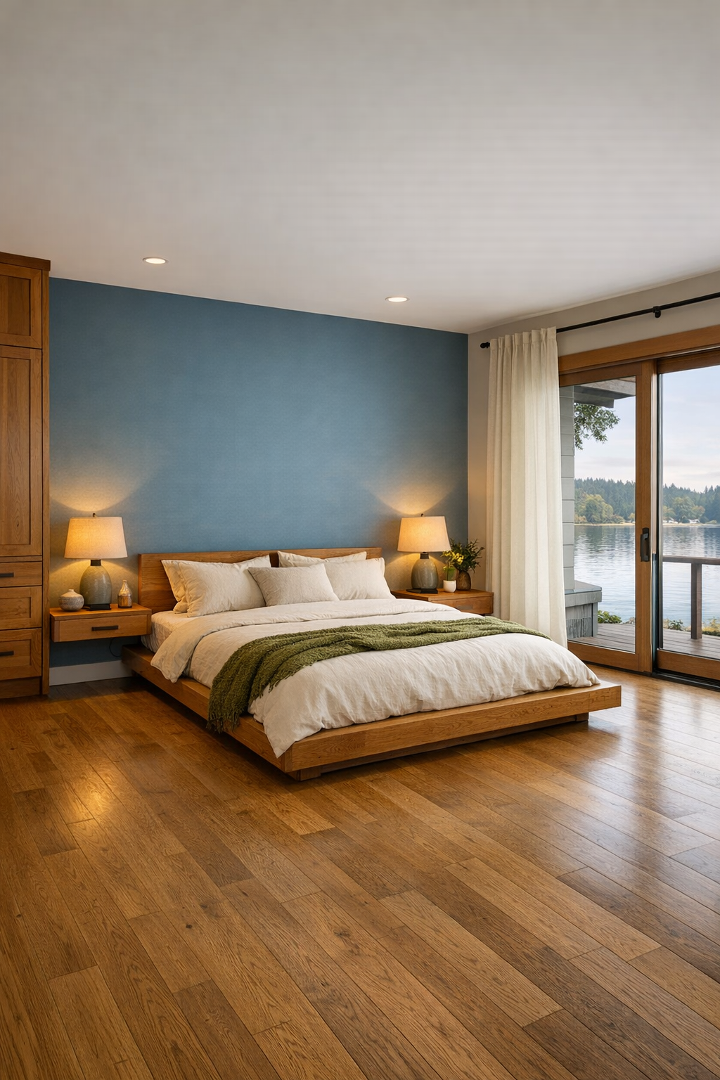 Calm bedroom with oak bed, blue-gray wall, layered linens, and soft marina light