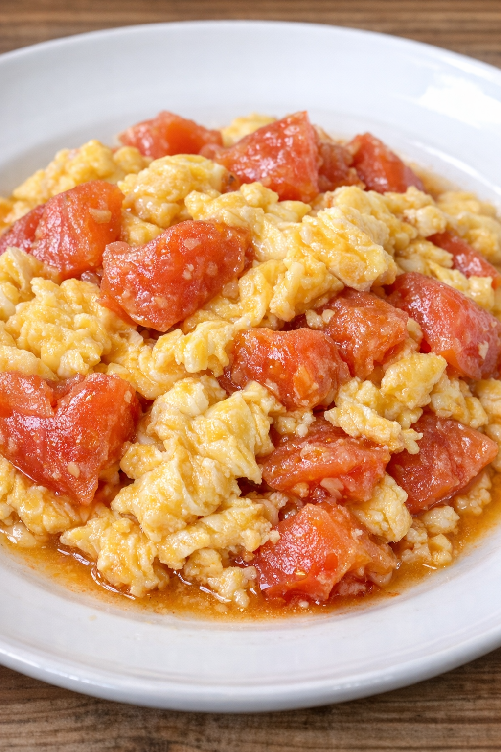Tomato and egg scramble on a white plate