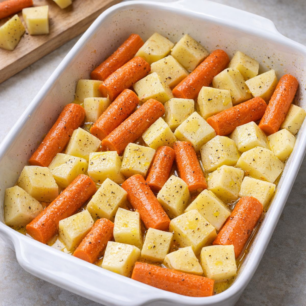 Cut carrots and potatoes layered in a casserole dish before baking