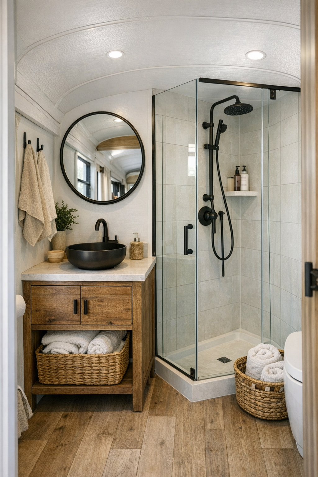 Compact converted bus bathroom with wood vanity, round mirror, and tiled shower