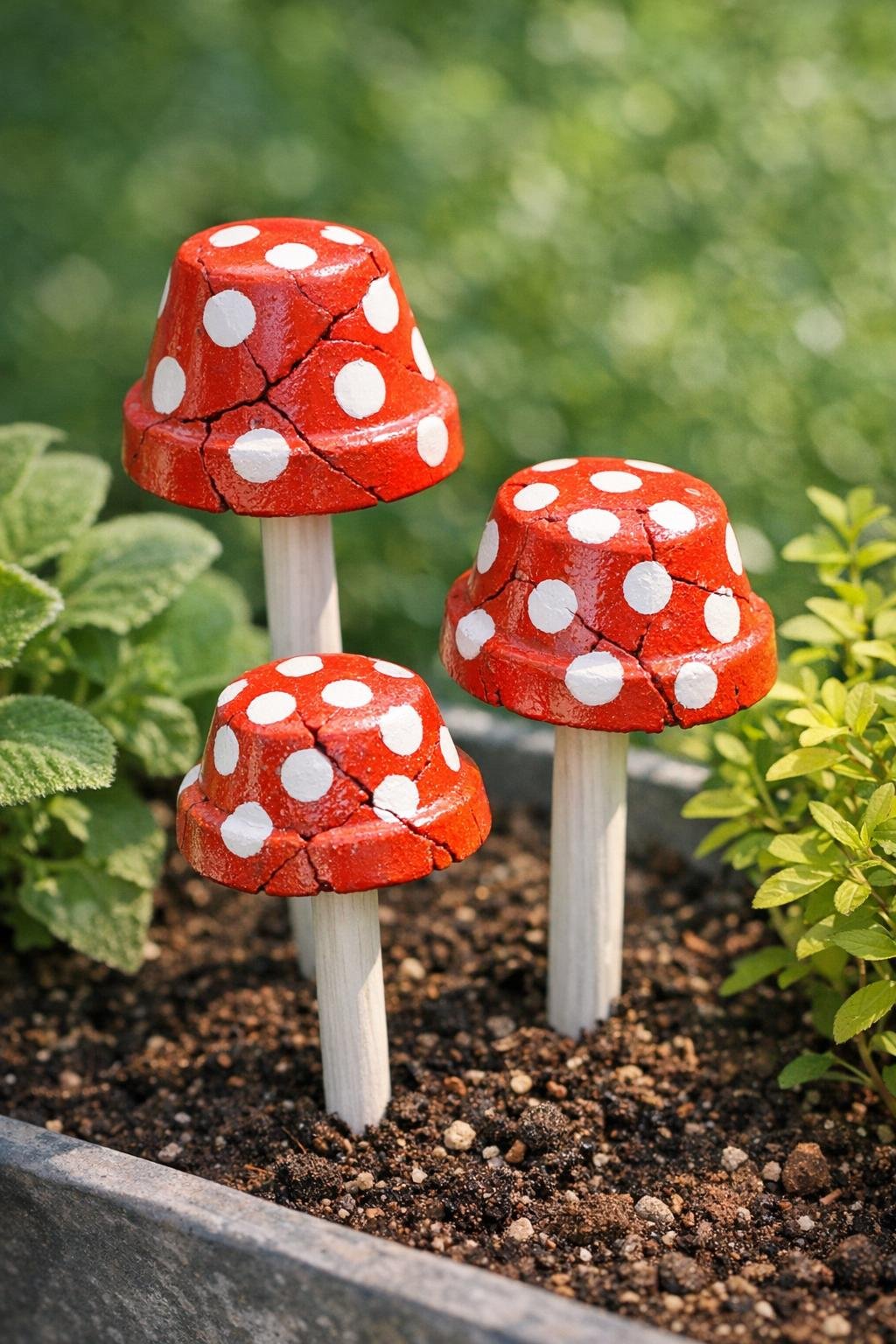 Finished painted terracotta mushroom garden stakes displayed in a garden planter