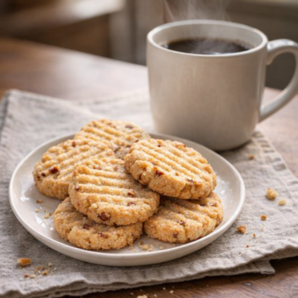 Plate of pecan shortbread cookies beside a mug of coffee