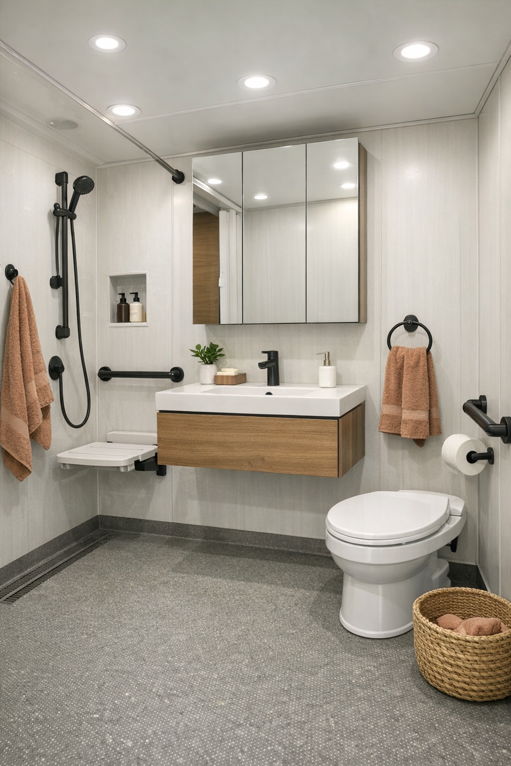Bright accessible RV camper bathroom with curbless shower and floating vanity