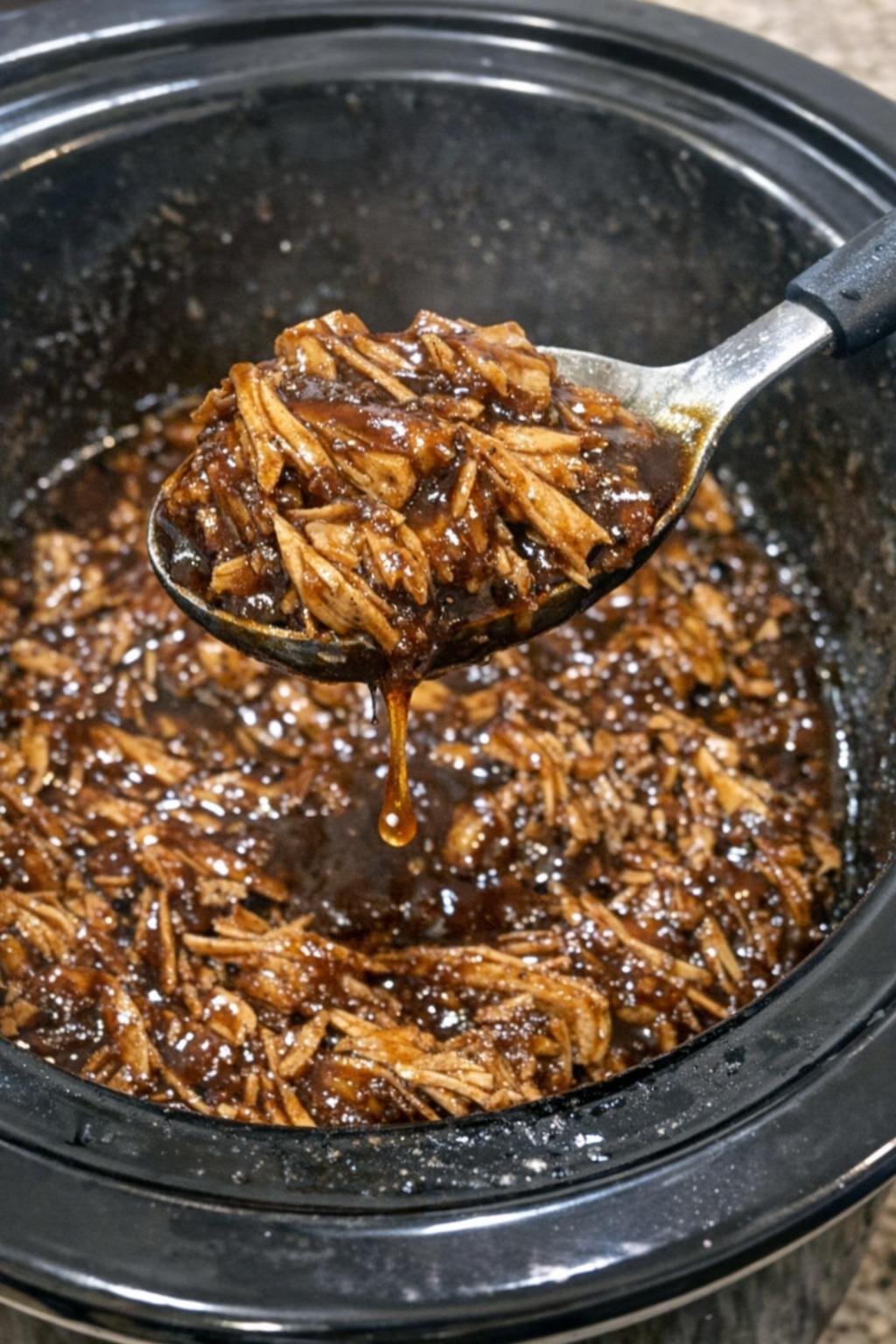 Tender pulled chicken in a slow cooker with dark savory glaze