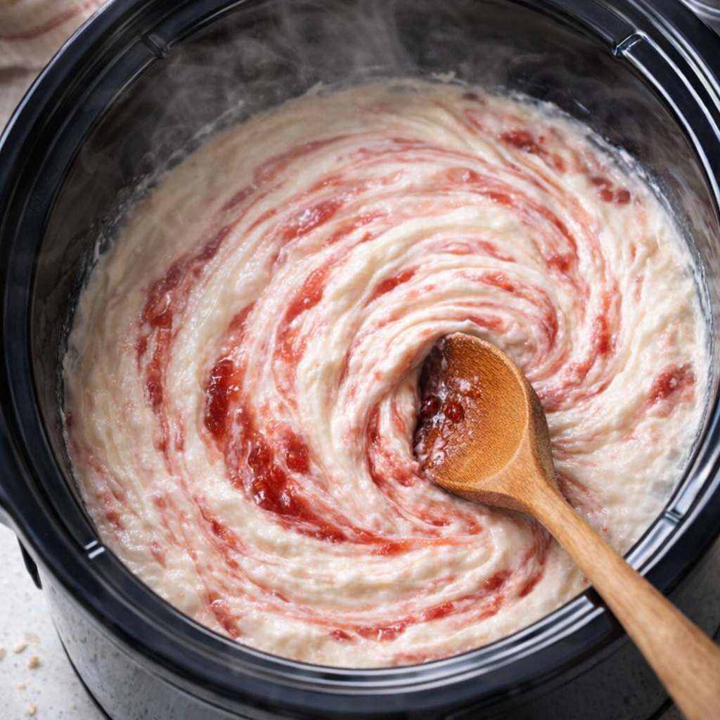 Finished cheesecake dip being stirred until smooth