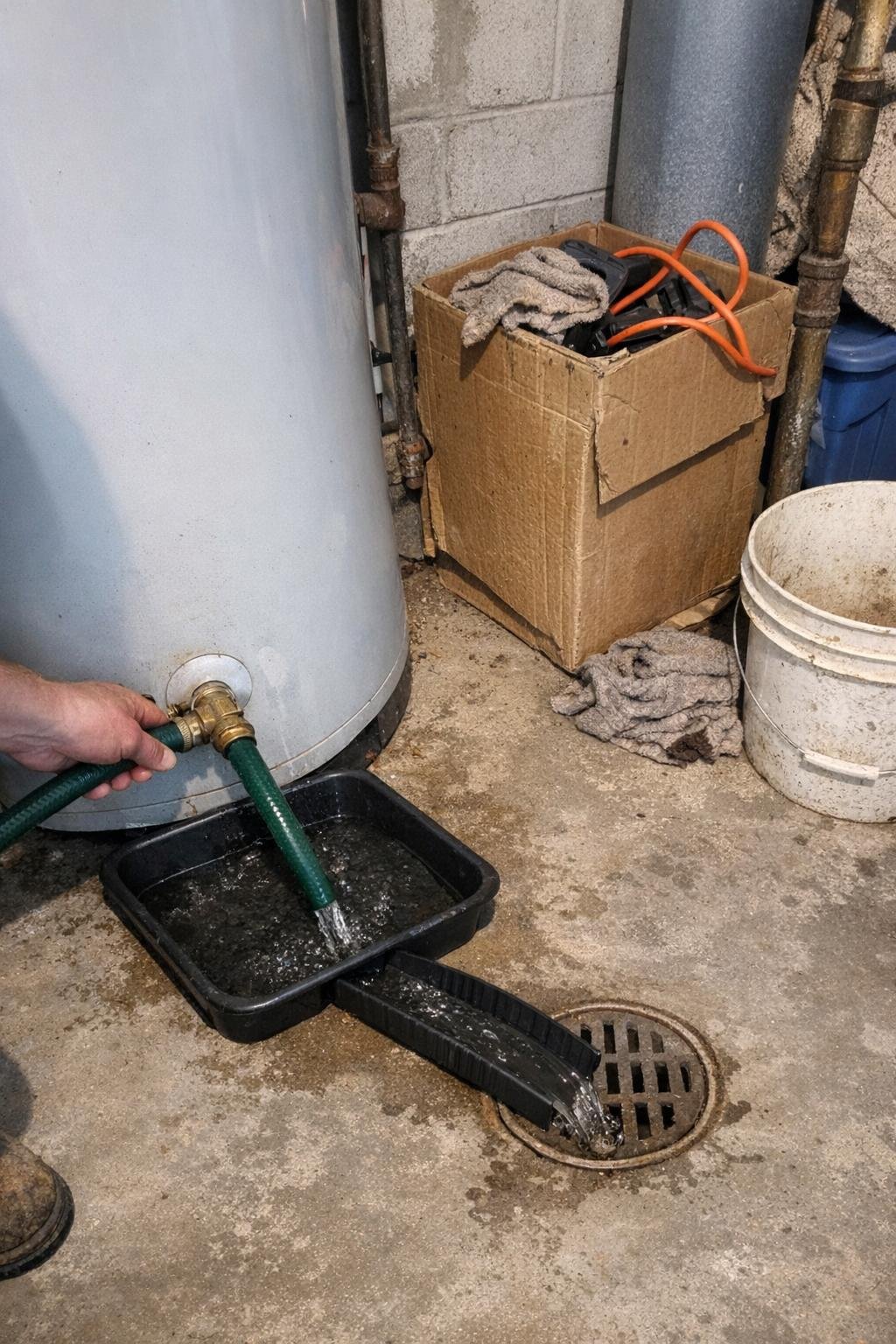 Water heater being drained with a garden hose
