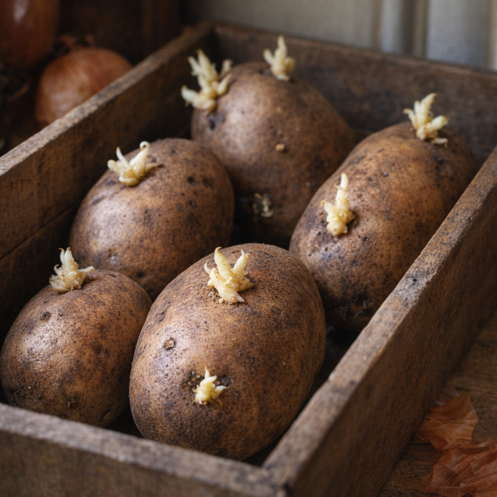 Sprouted potatoes in a dim pantry bin