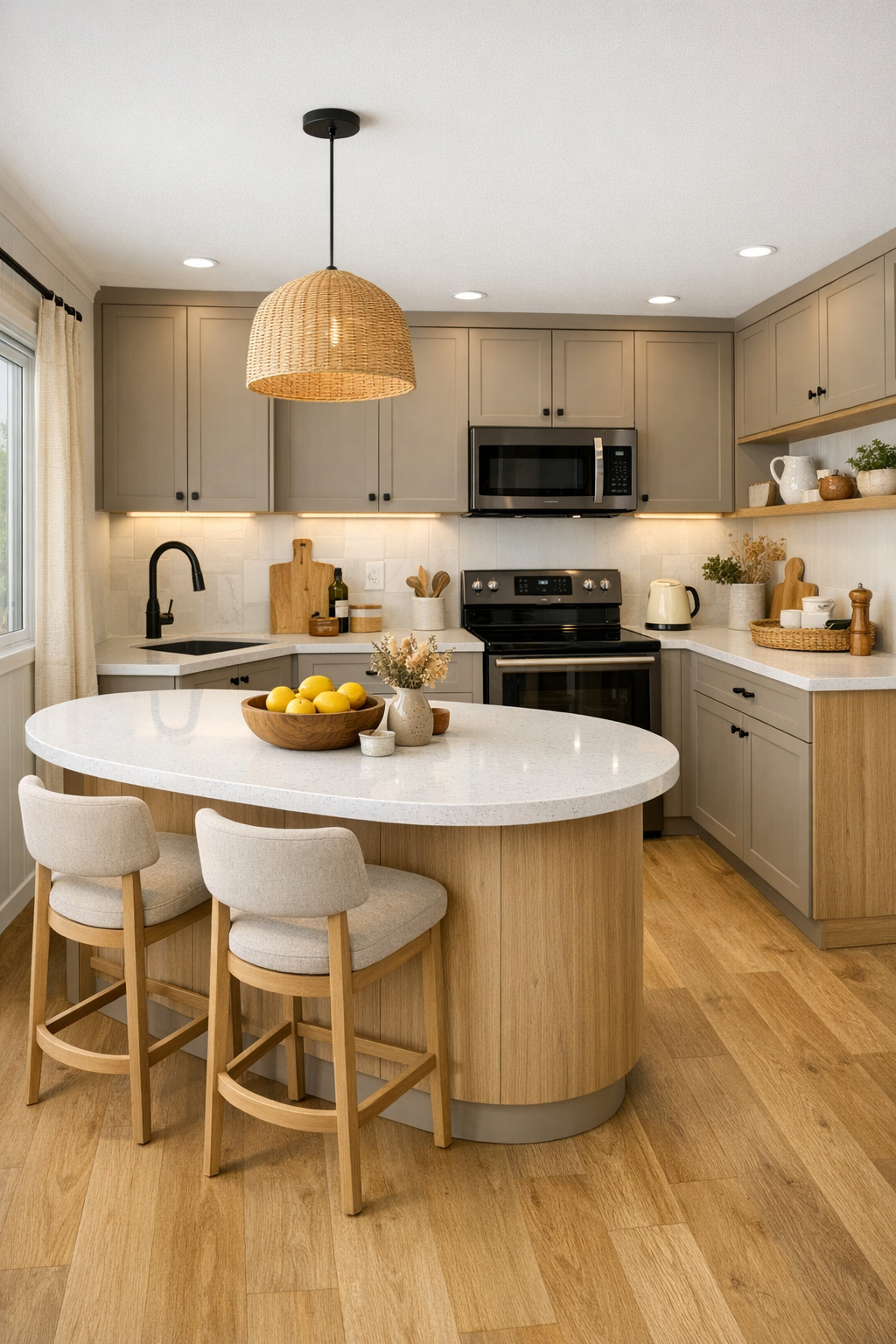 Modern accessible kitchen with soft mushroom cabinetry and white quartz counters
