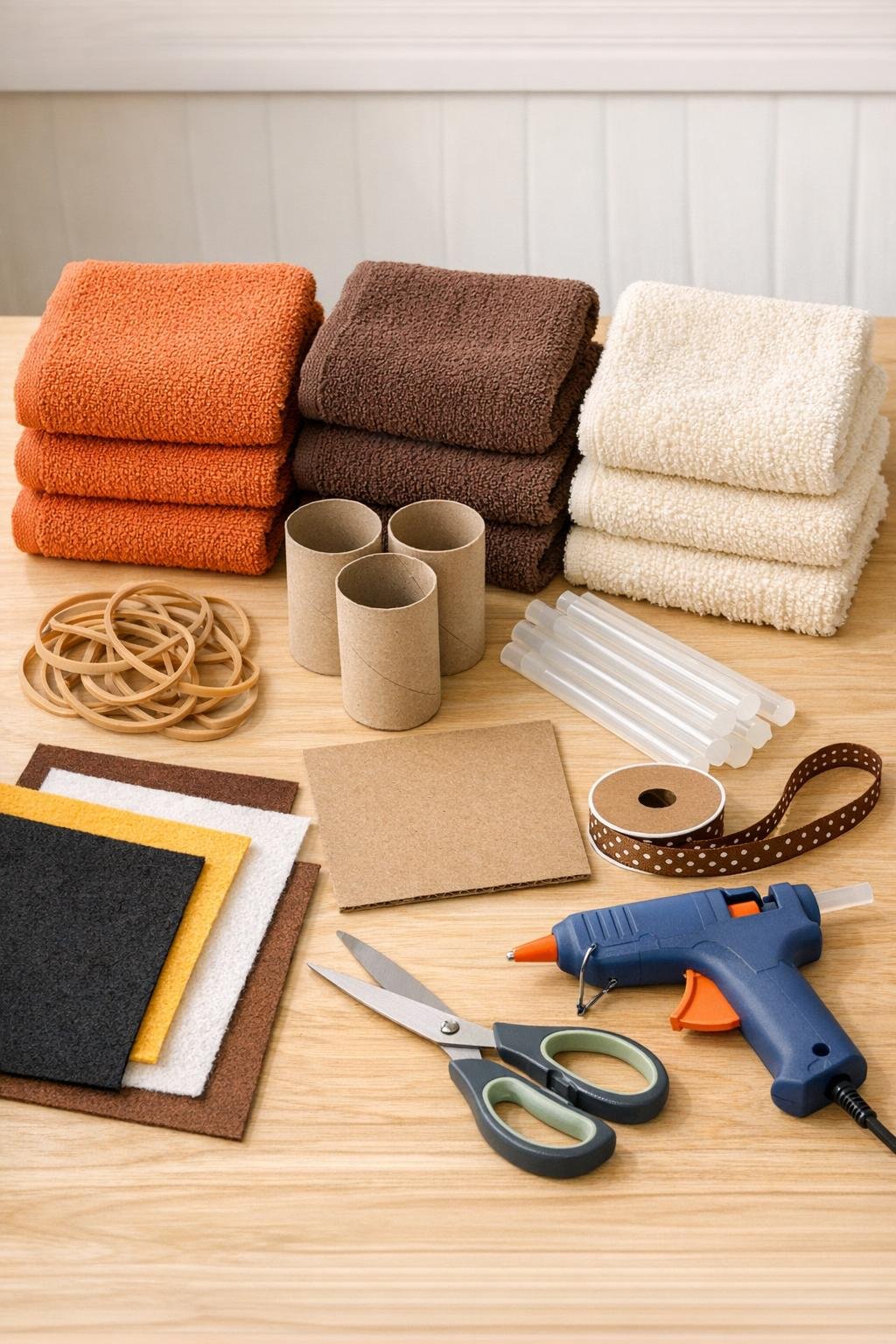 Materials for a rolled washcloth owl basket laid out on a craft table