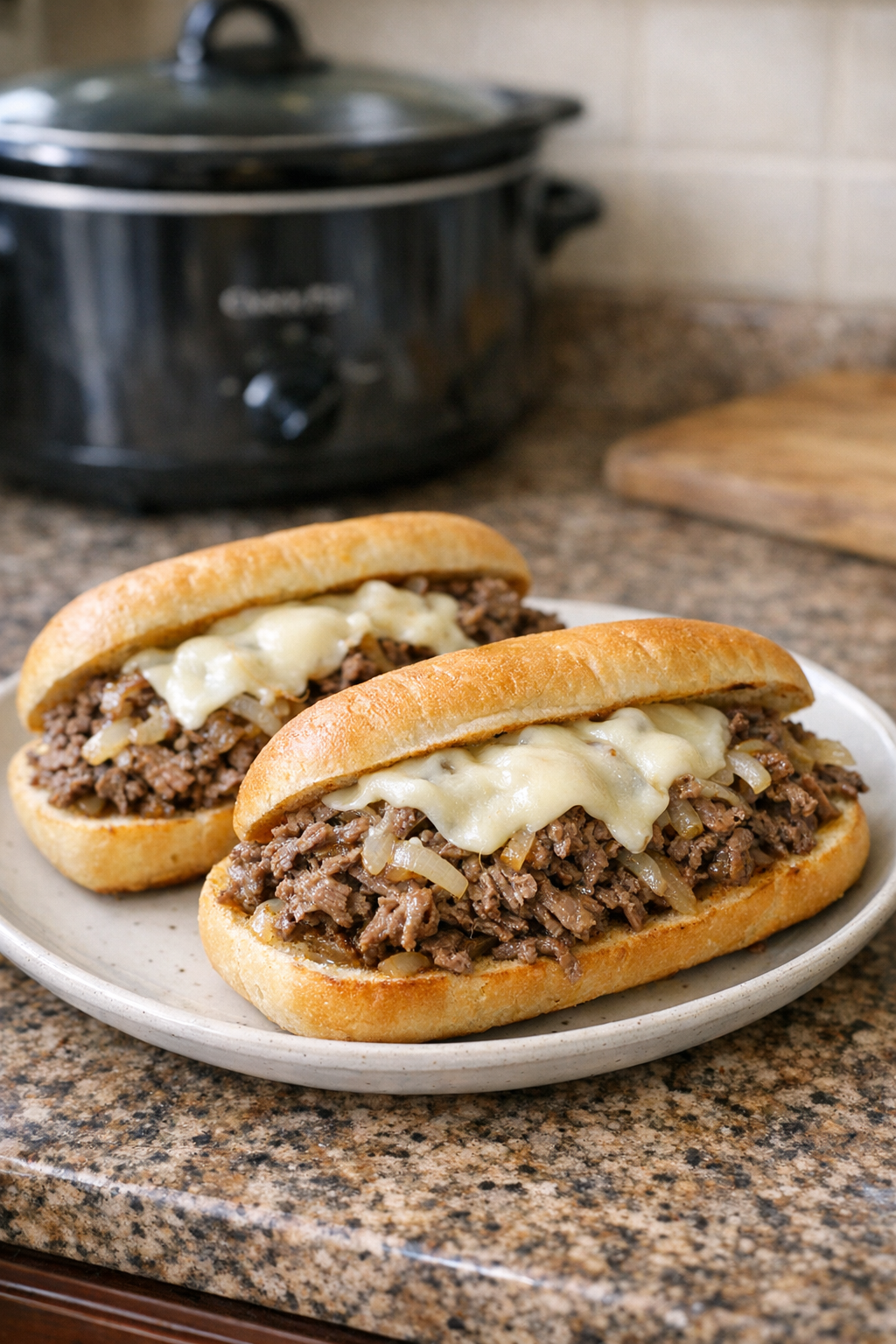 Finished poor man Philly beef sandwiches on a platter