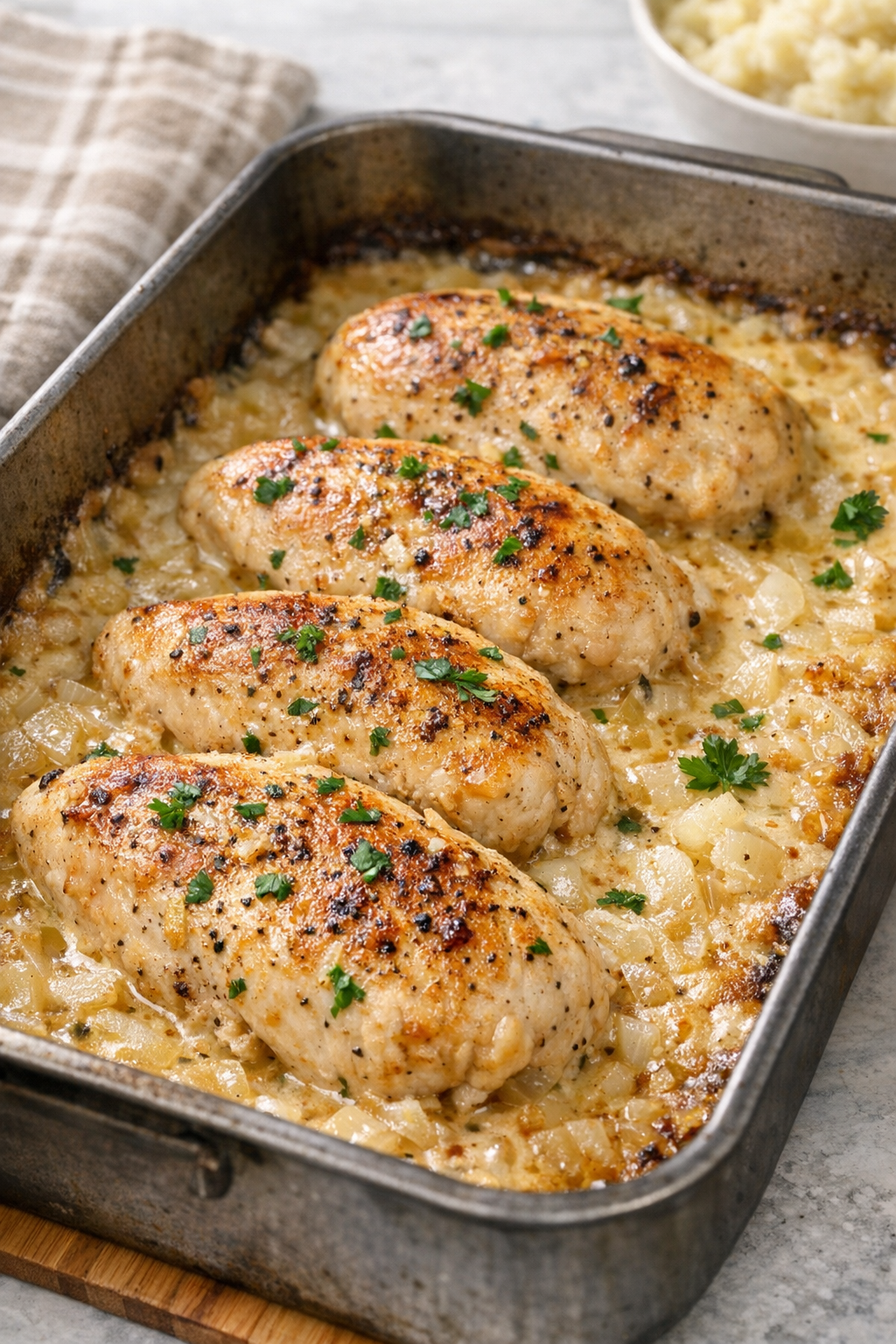 Baked chicken in creamy onion sauce fresh from the oven