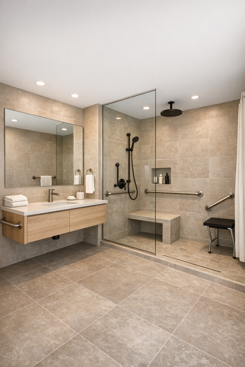 Warm modern bathroom with greige tile, a floating wood vanity, and a curbless shower