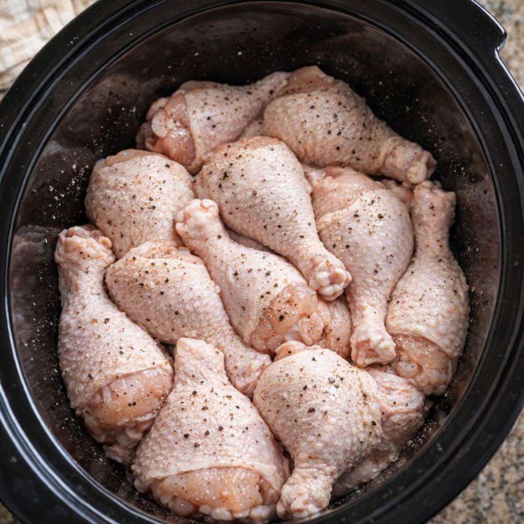 Seasoned chicken pieces arranged in a slow cooker