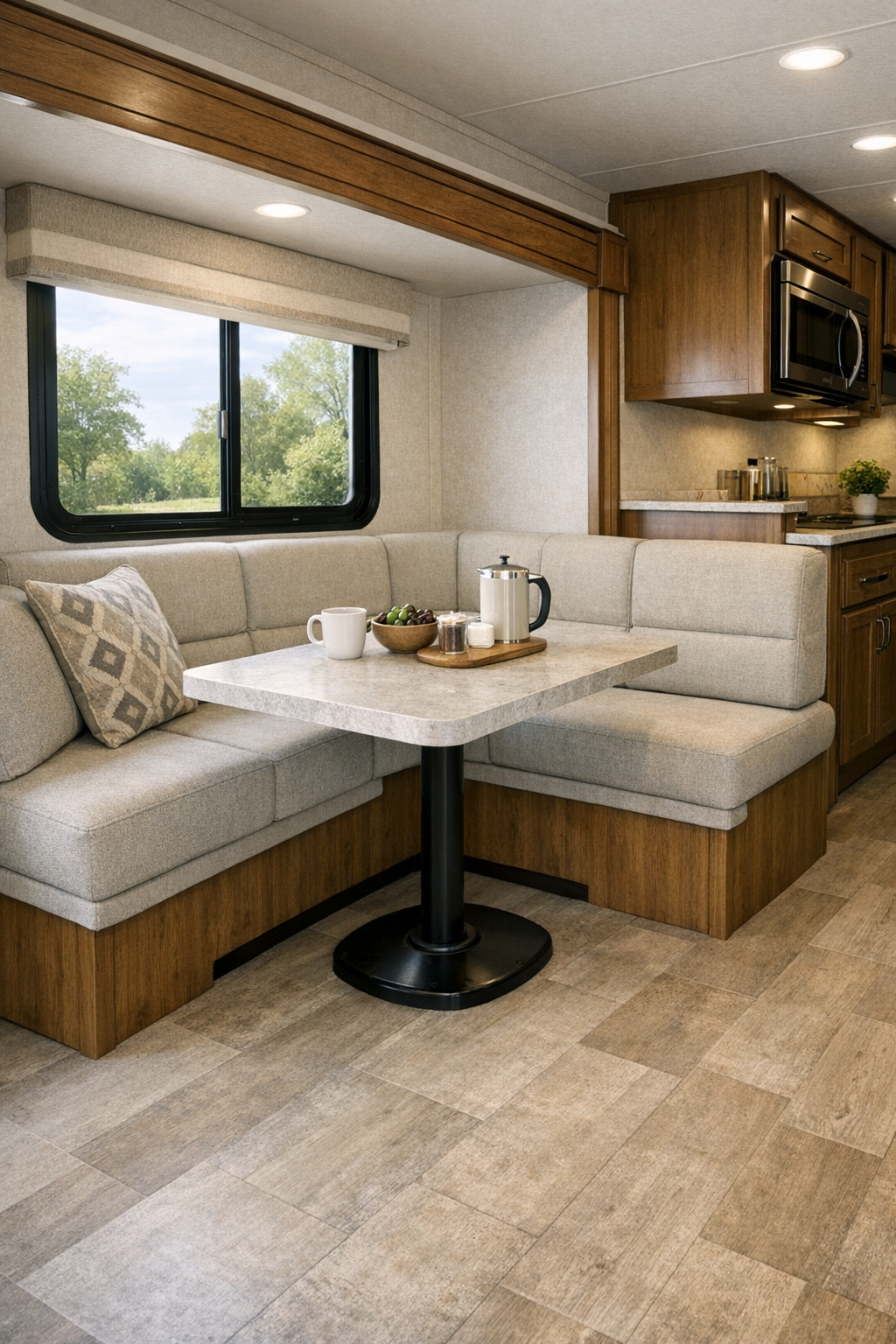 Compact RV dining nook with banquette seating and a pedestal table