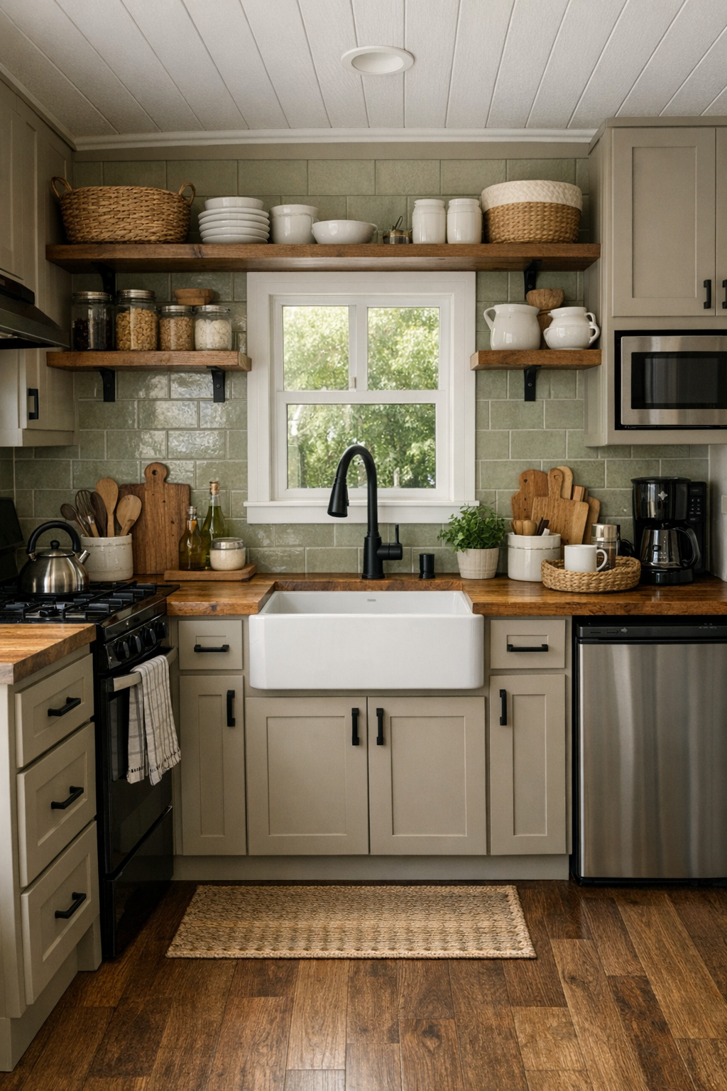 Warm craftsman kitchen with butcher block counters and sage tile backsplash