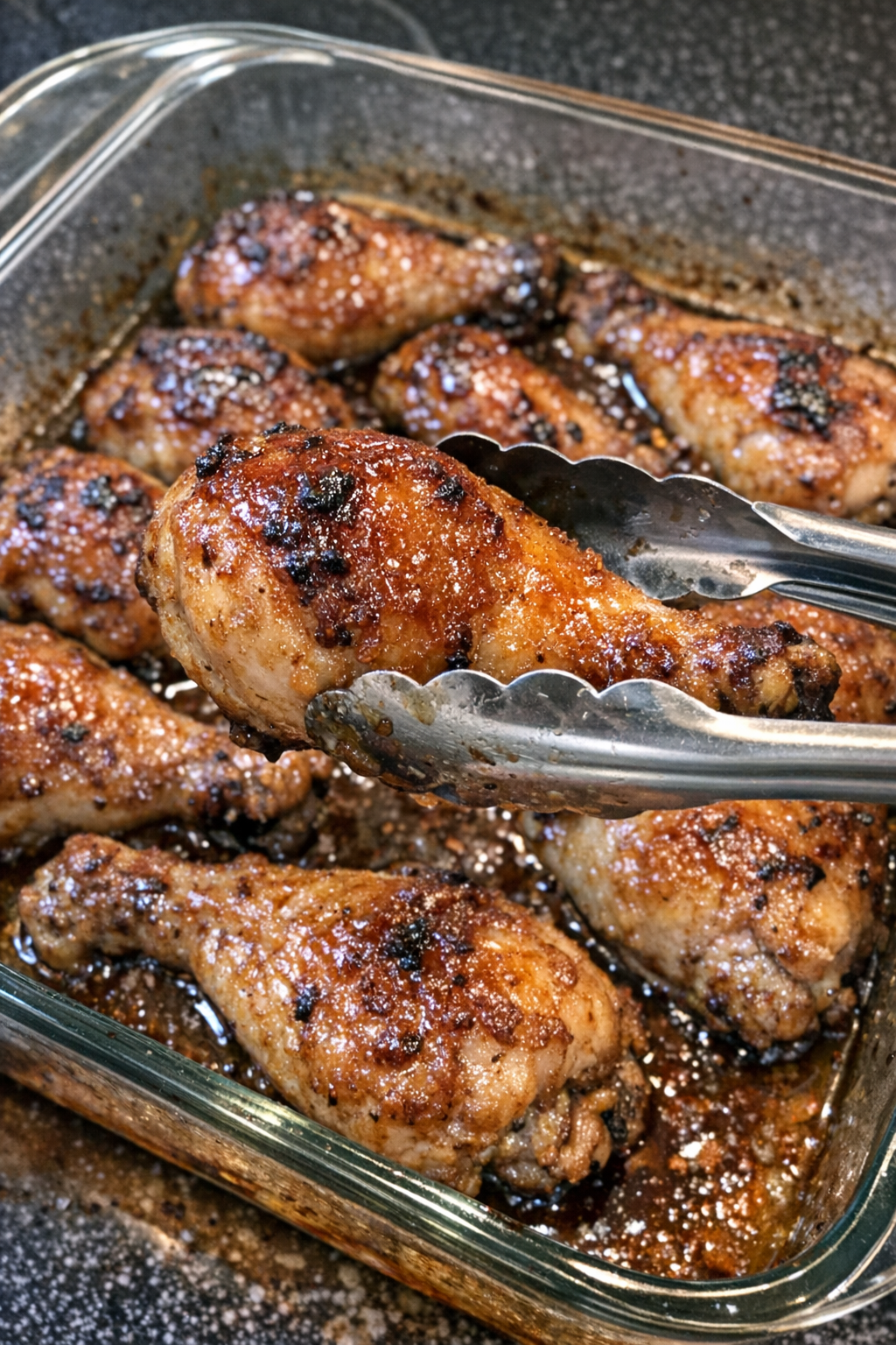 Bronzed chicken drumsticks and thighs with savory glaze in a rectangular baking dish