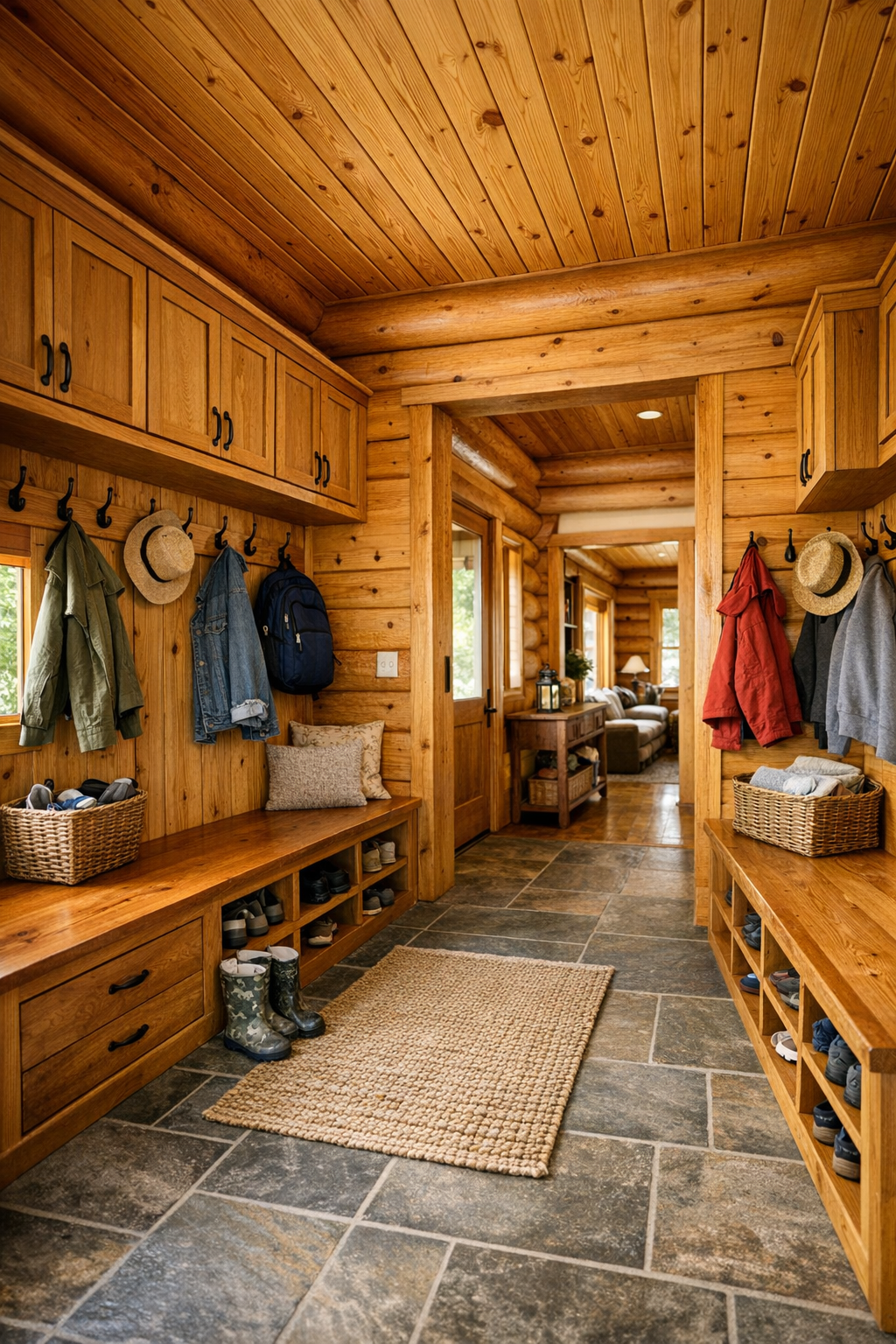 Thoughtful log home mudroom and hallway with built-in benches, wood cabinetry, and bright natural light