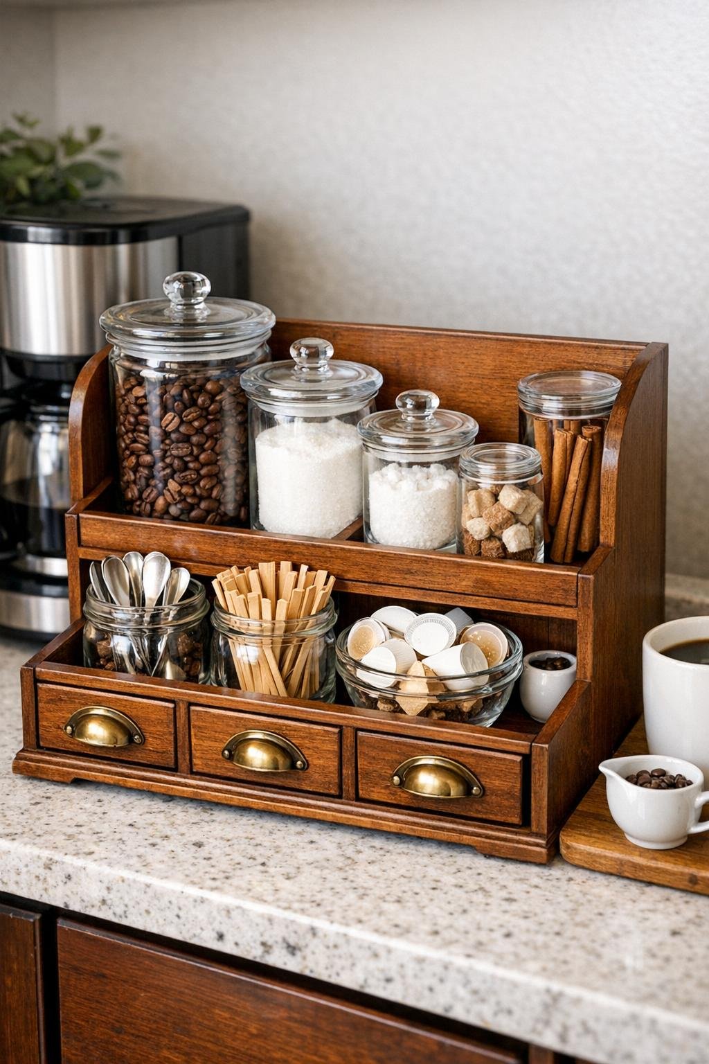 Finished coffee station made from a vintage wooden desk organizer and glass canisters