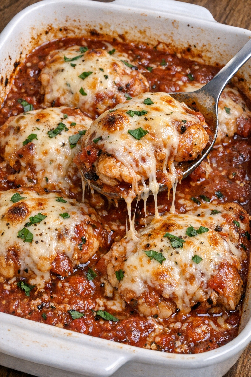 Chicken sorrento in baking dish with melted cheese