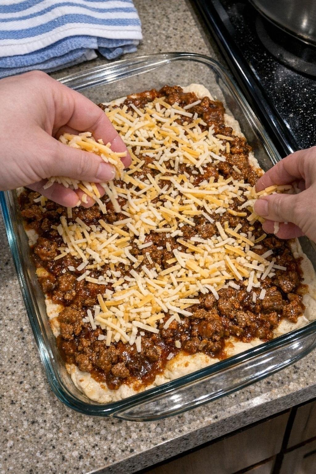 Cheese sprinkled over the casserole
