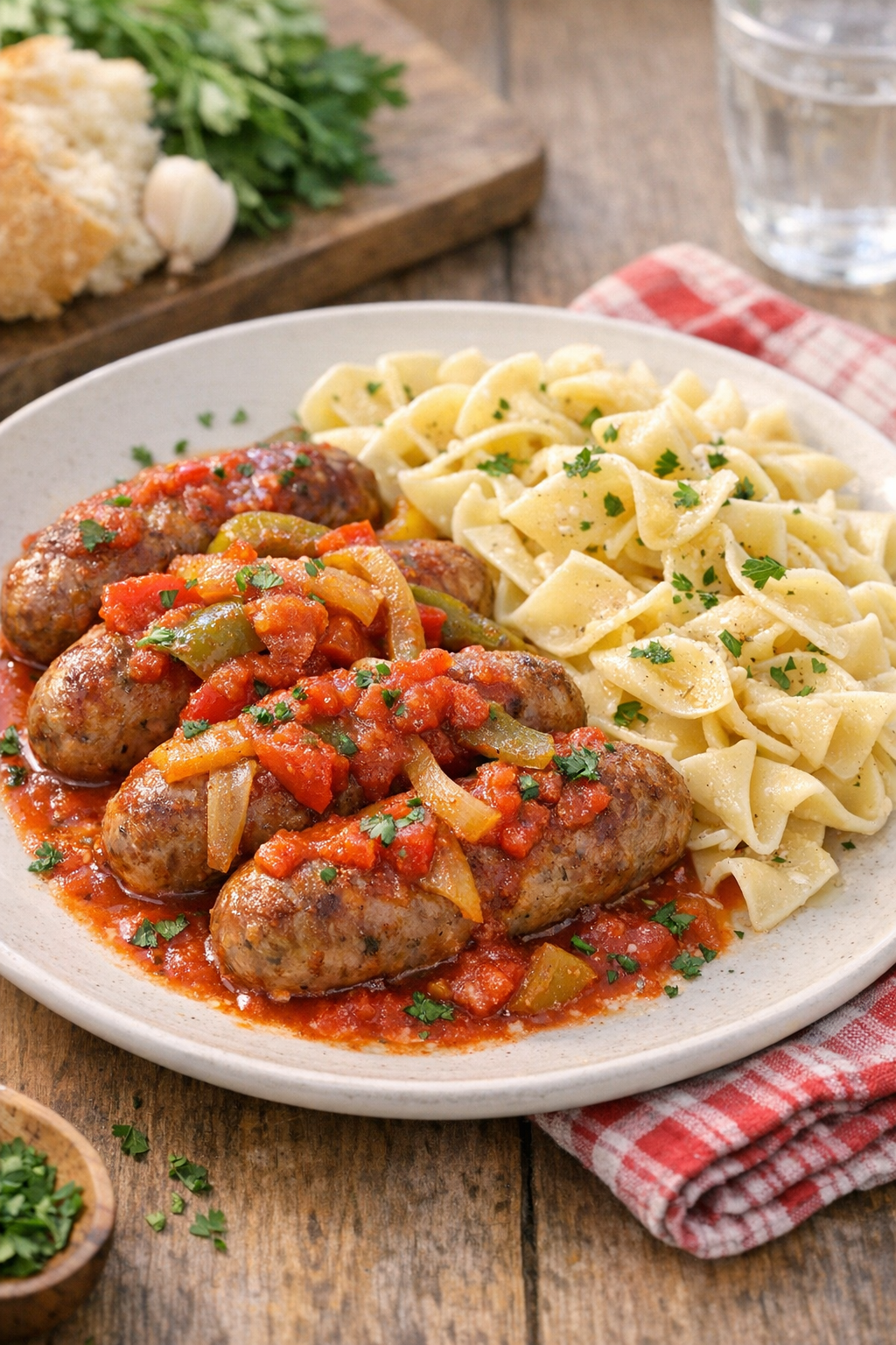 Plated slow cooker sausage supper with sides