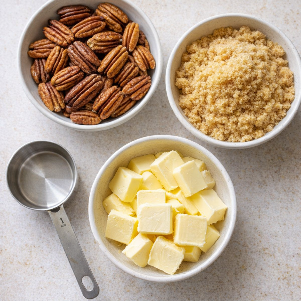 Simple praline ingredients arranged on a kitchen counter