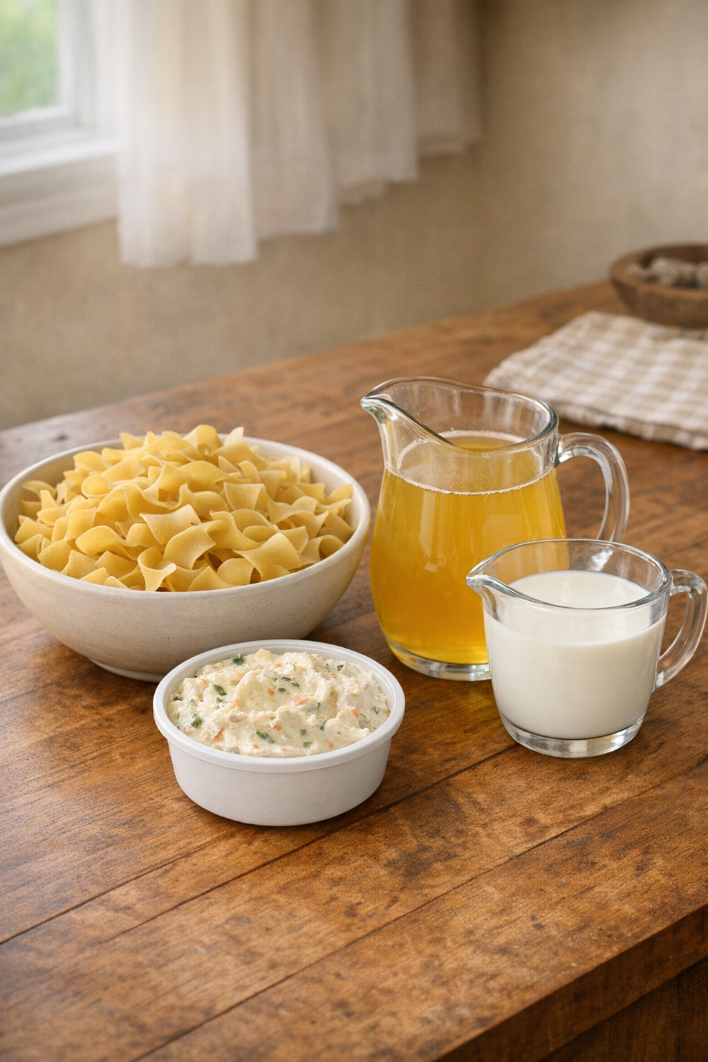 Finished baked garden vegetable cream noodles casserole in a baking dish