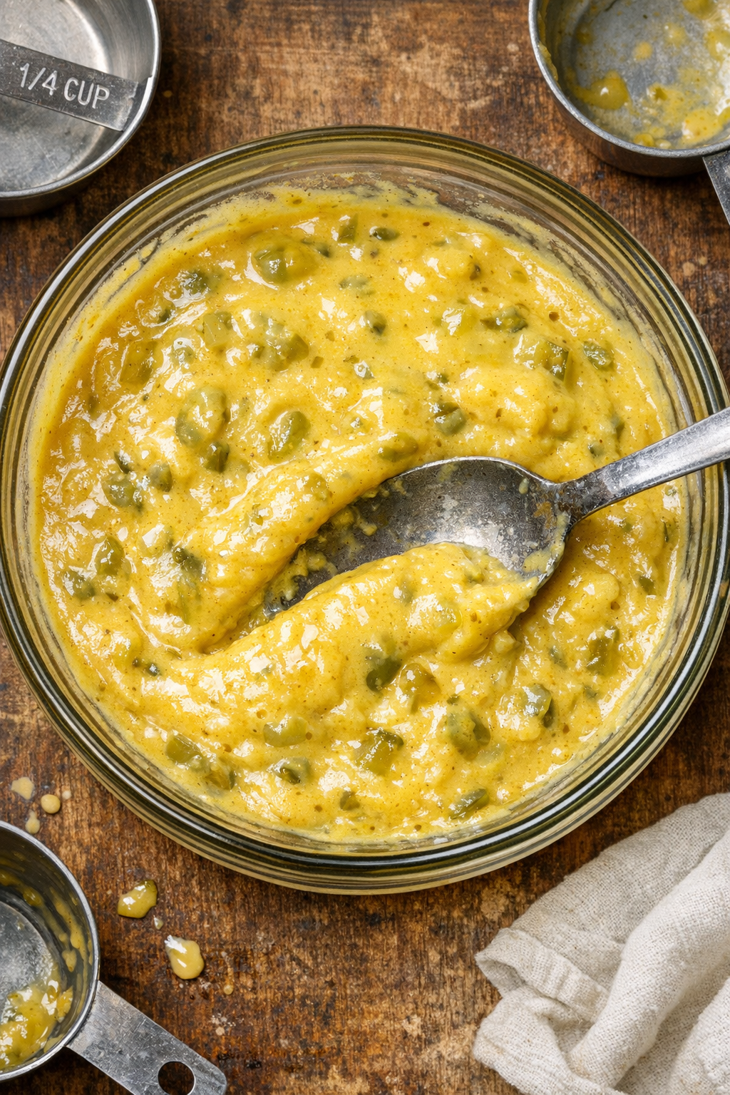 Close view of the unusual marinade mixture with mustard and relish flecks