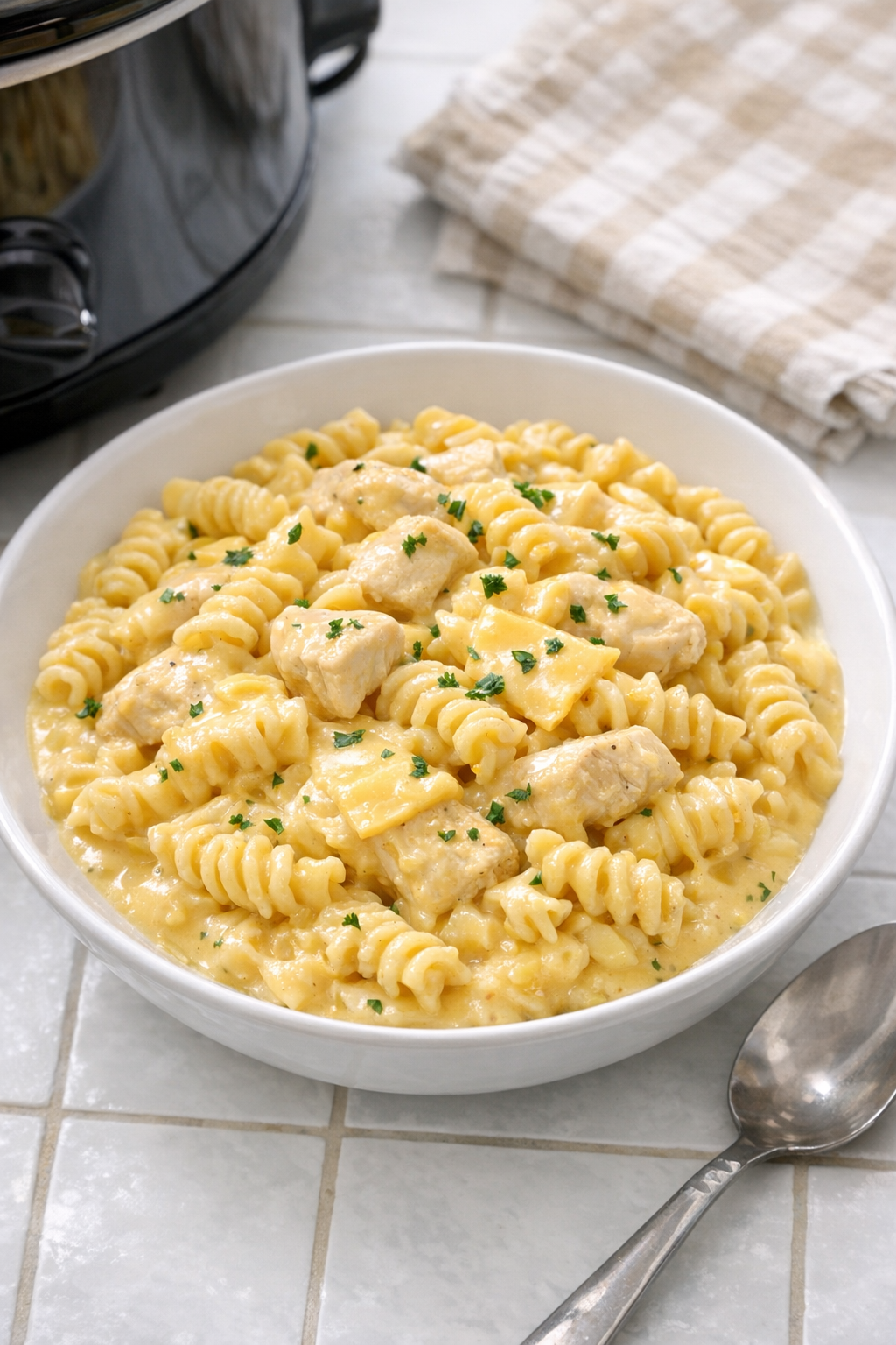 Finished creamy American cheese chicken pasta plated in a bowl