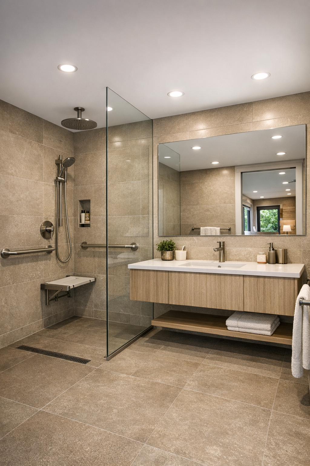 Bright accessible bathroom with a curbless shower, warm greige tile, a floating vanity, and clean modern fixtures