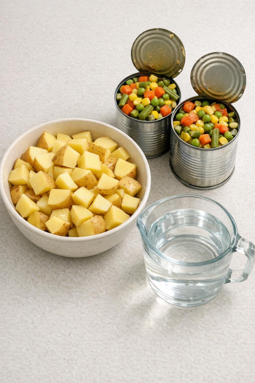 Aardappelen, gemengde groenten uit blik en water, klaar voor het recept.