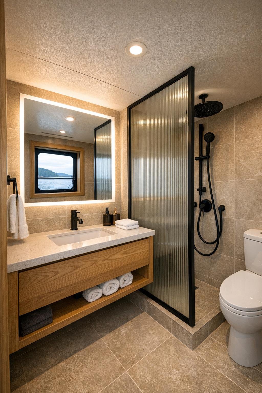 Compact modern houseboat bathroom with oak vanity and warm tile