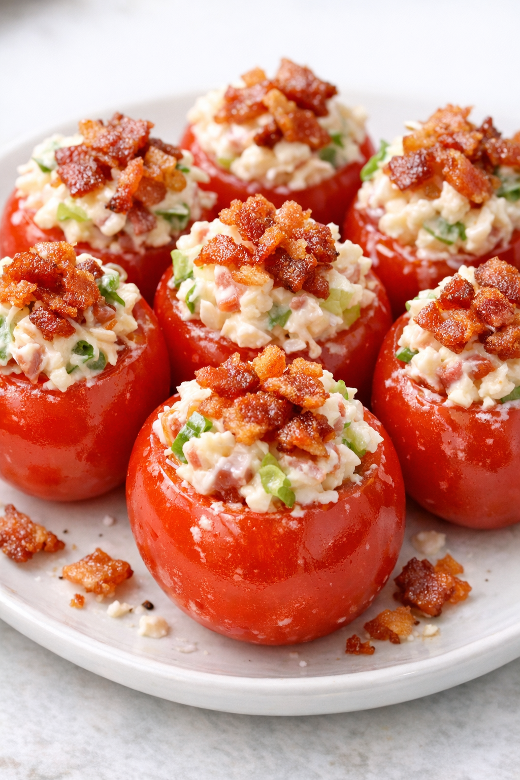 Southern 4-ingredient BLT stuffed tomatoes on a white plate