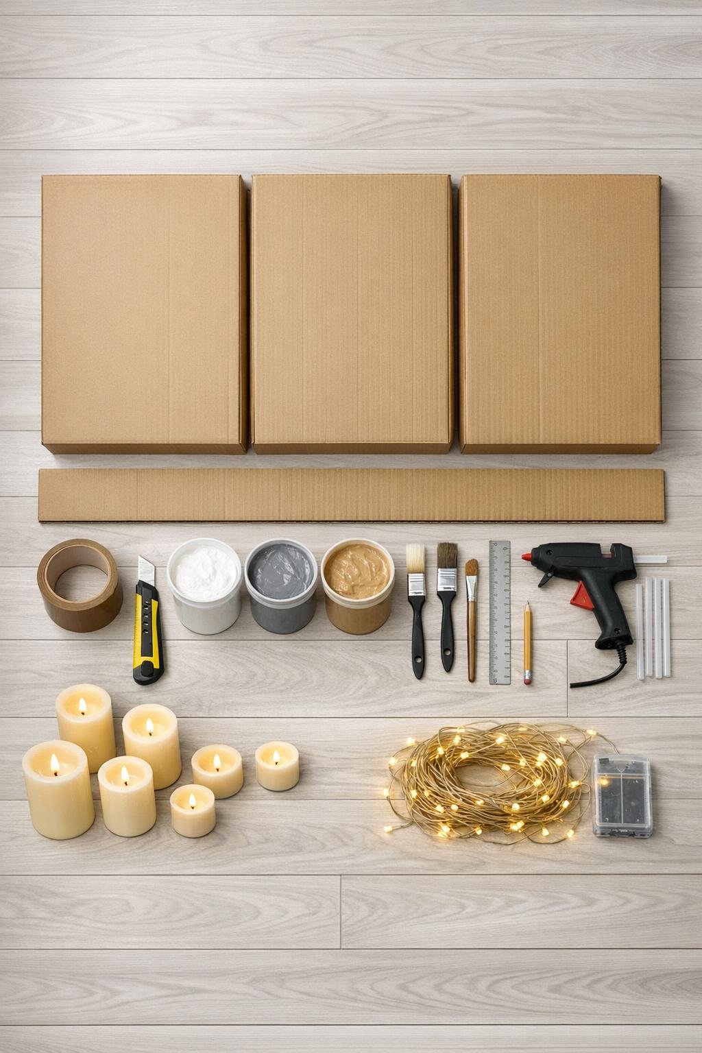 Cardboard boxes and fireplace-making supplies laid out together