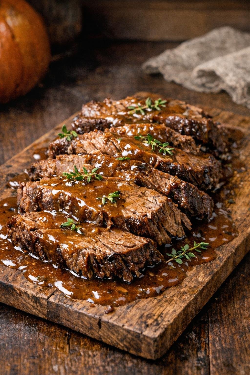 Finished slow cooker harvest potluck roast plated with gravy