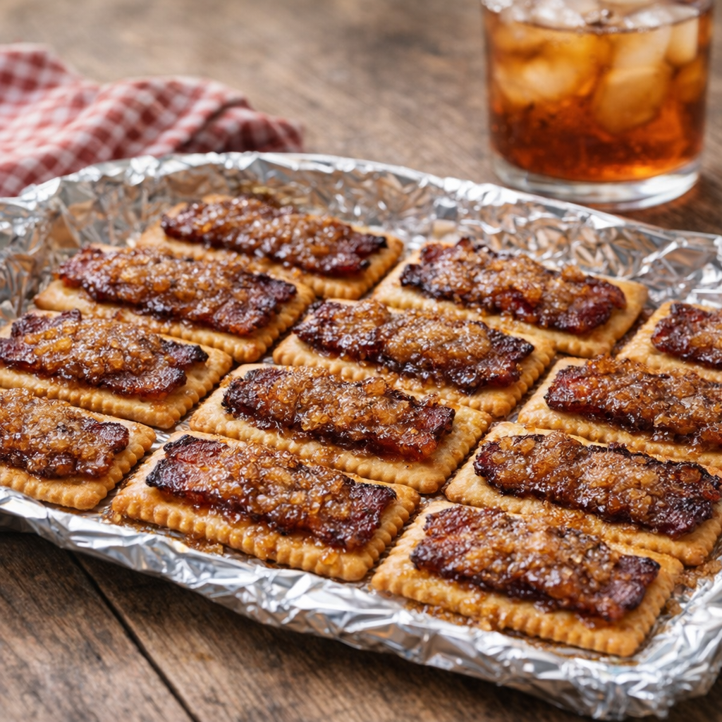 Finished bacon crackers served on foil with iced tea nearby