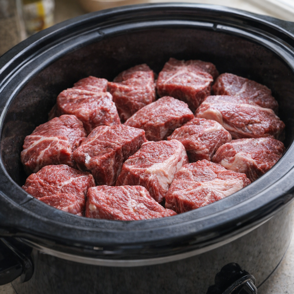 Chunks of beef arranged in a slow cooker