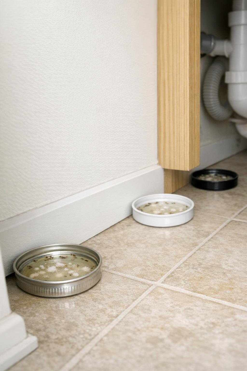 Small ant bait stations placed near a baseboard and under a sink area