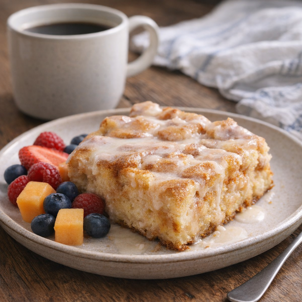 Breakfast serving of cinnamon roll casserole with fruit and coffee