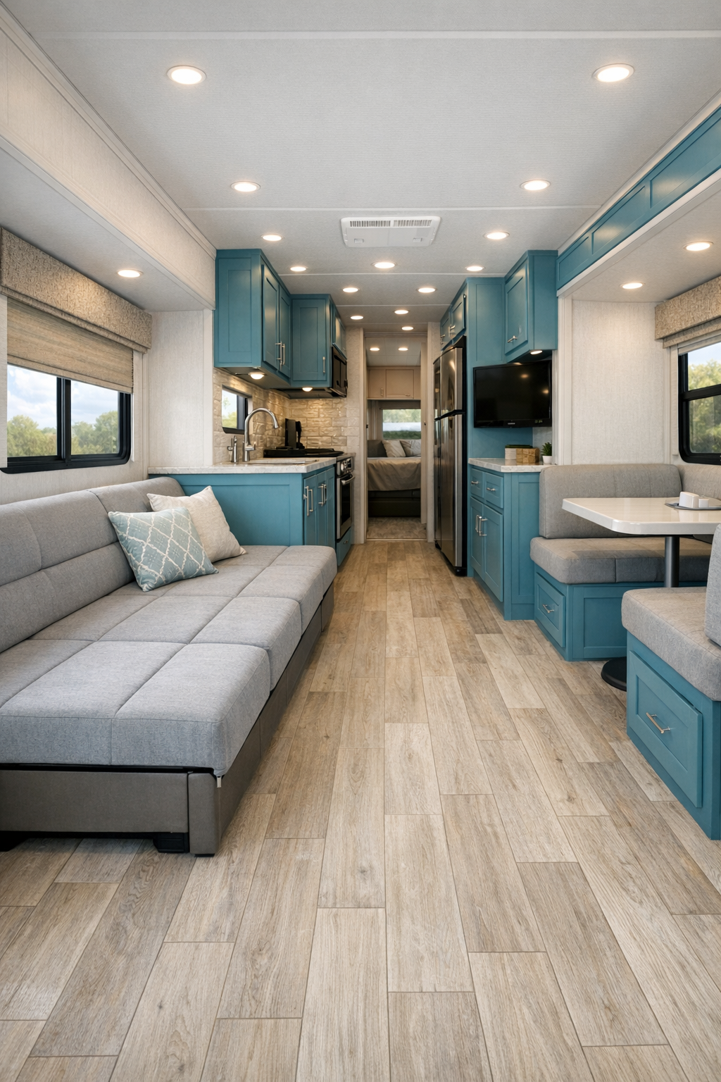 Accessible RV living room with convertible sofa and pale wood flooring
