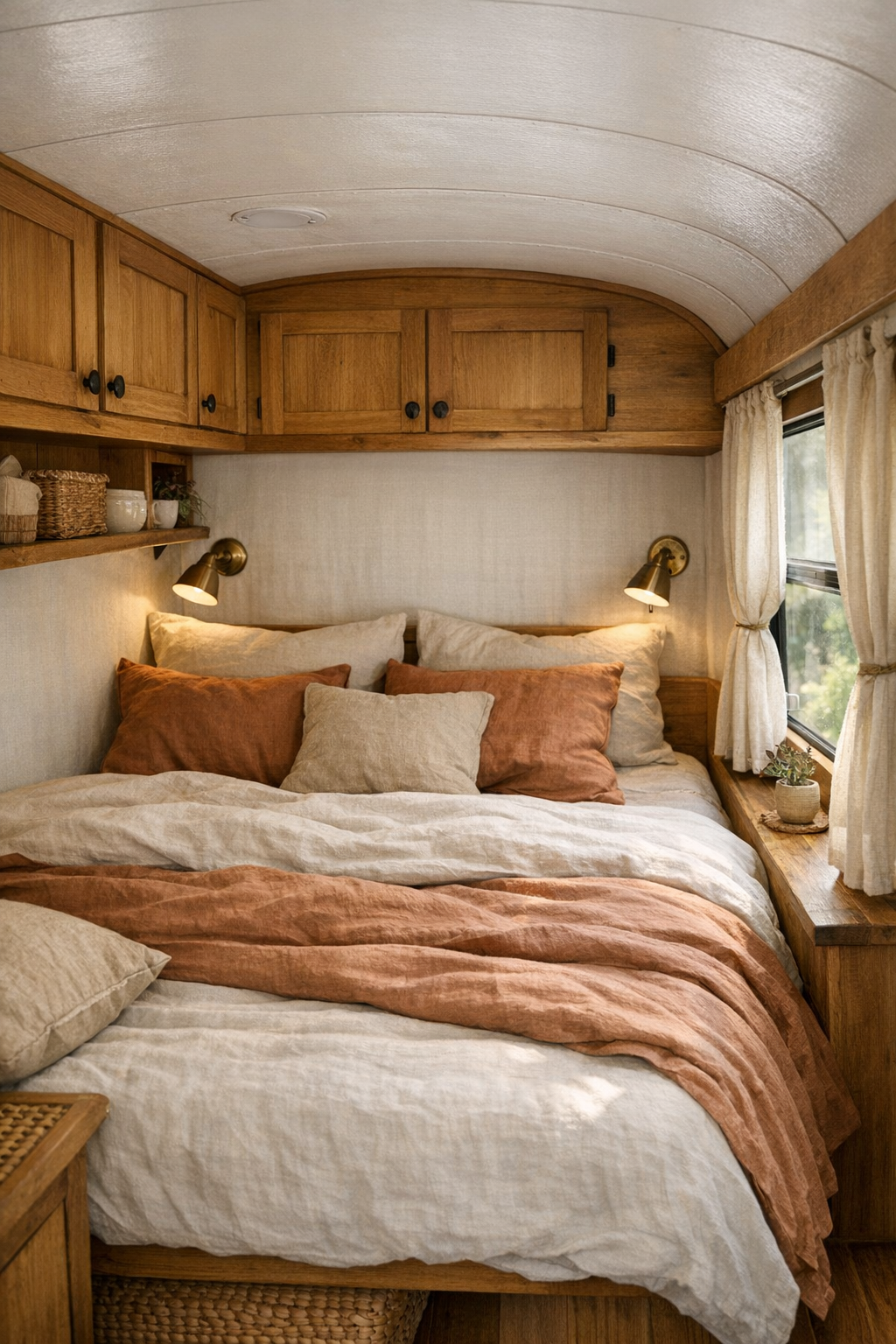 Peaceful bus bedroom with built-in bed, wood cabinetry, and linen bedding