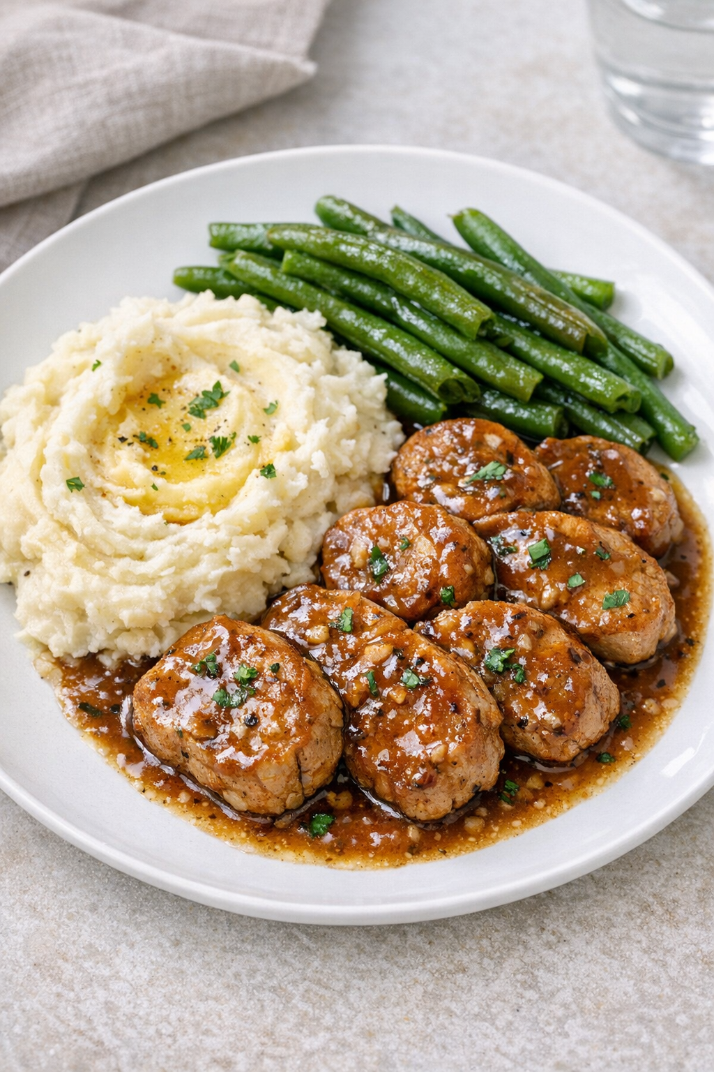 Finished slow cooker pork tenderloin medallions plated with sauce