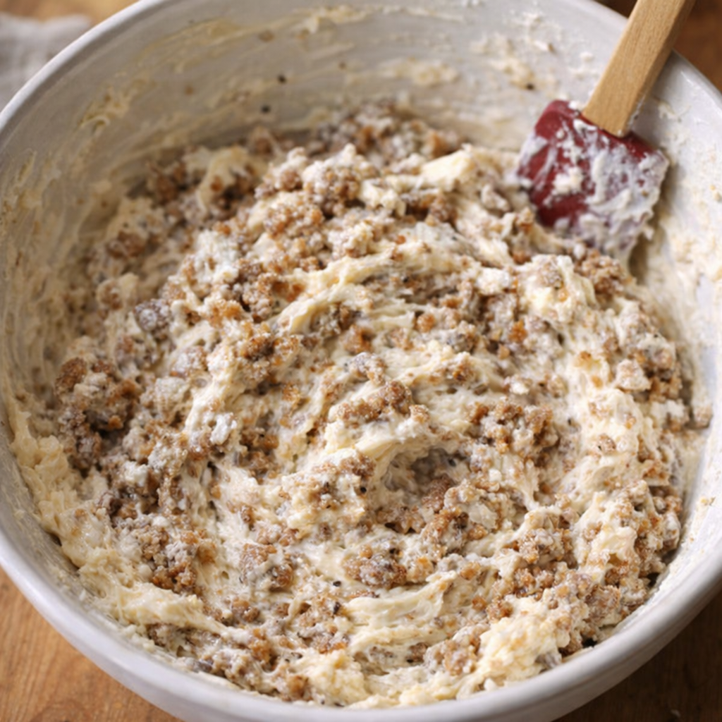 Cooked sausage mixed with cream cheese in a bowl