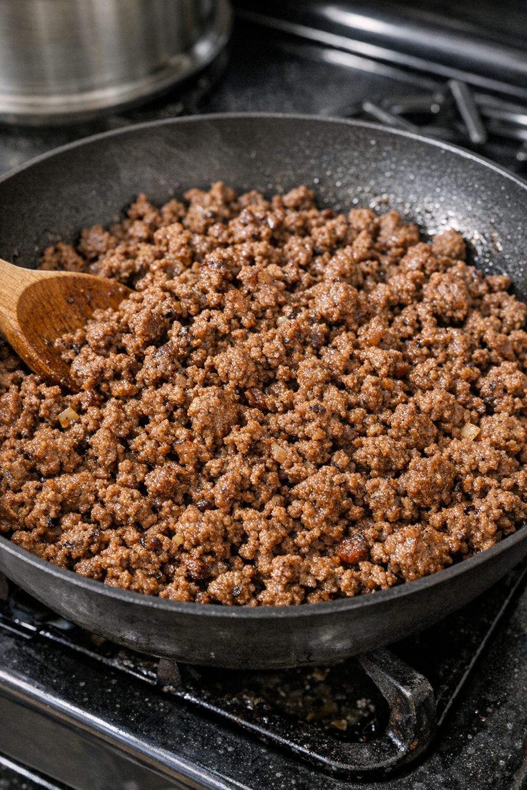 Browned ground beef in skillet